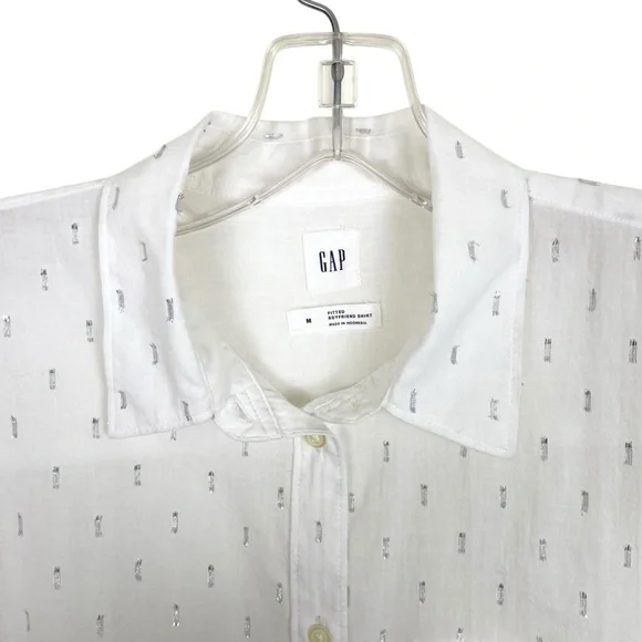 Gap Fitted Boyfriend White Button Down Silver Metallic Clip Dot Shirt Size M - Picture 2 of 14